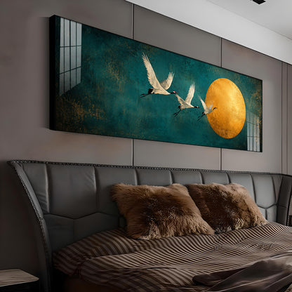Three Cranes Golden Sun Teal Premium Acrylic Horizontal Wall Art