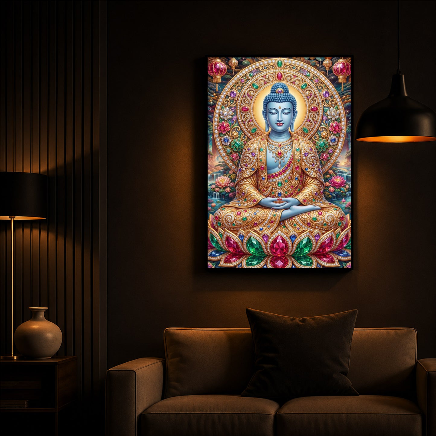 Buddha Blessing Modern Luxury Backlight Vertical Wall Art
