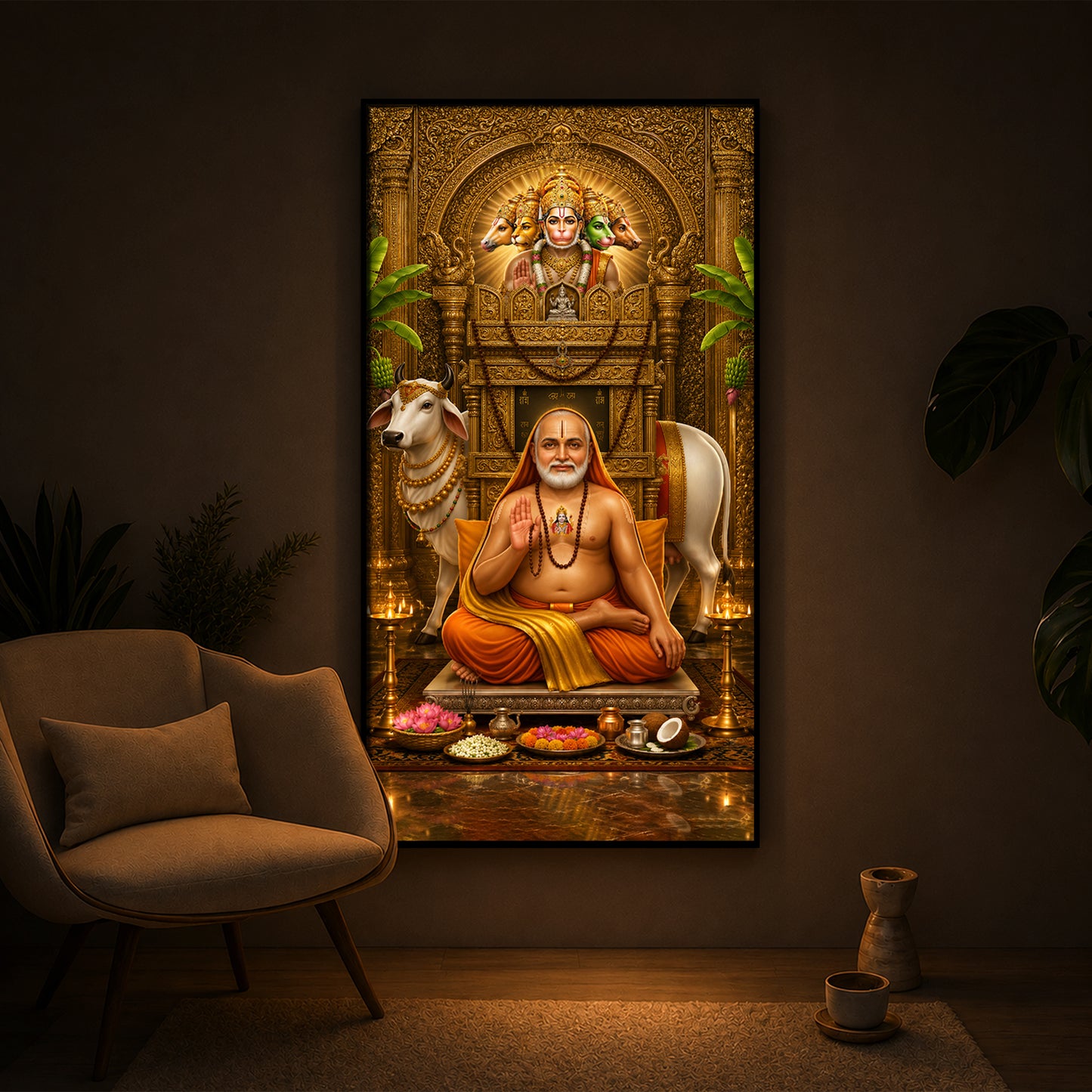 Sri Raghavendra Swamy With Cow Modern Luxury Backlight Vertical Wall Art