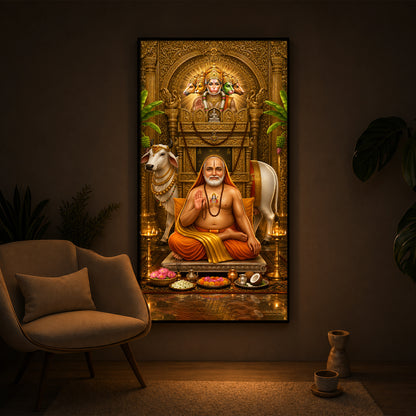 Sri Raghavendra Swamy With Cow Modern Luxury Backlight Vertical Wall Art