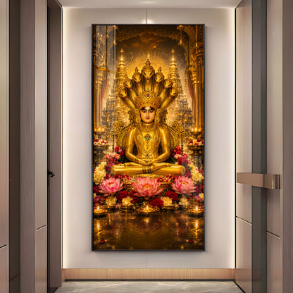 Divine Lord Parshvanath Golden Idol Lotus Premium Acrylic Vertical Wall Art