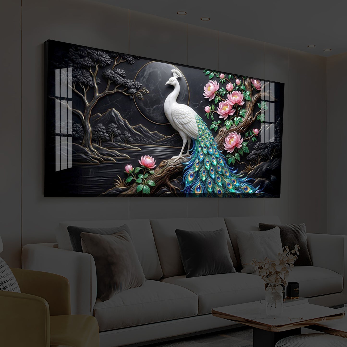 White Peacock With Flowers Modern Luxury Backlight Horizontal Wall Art