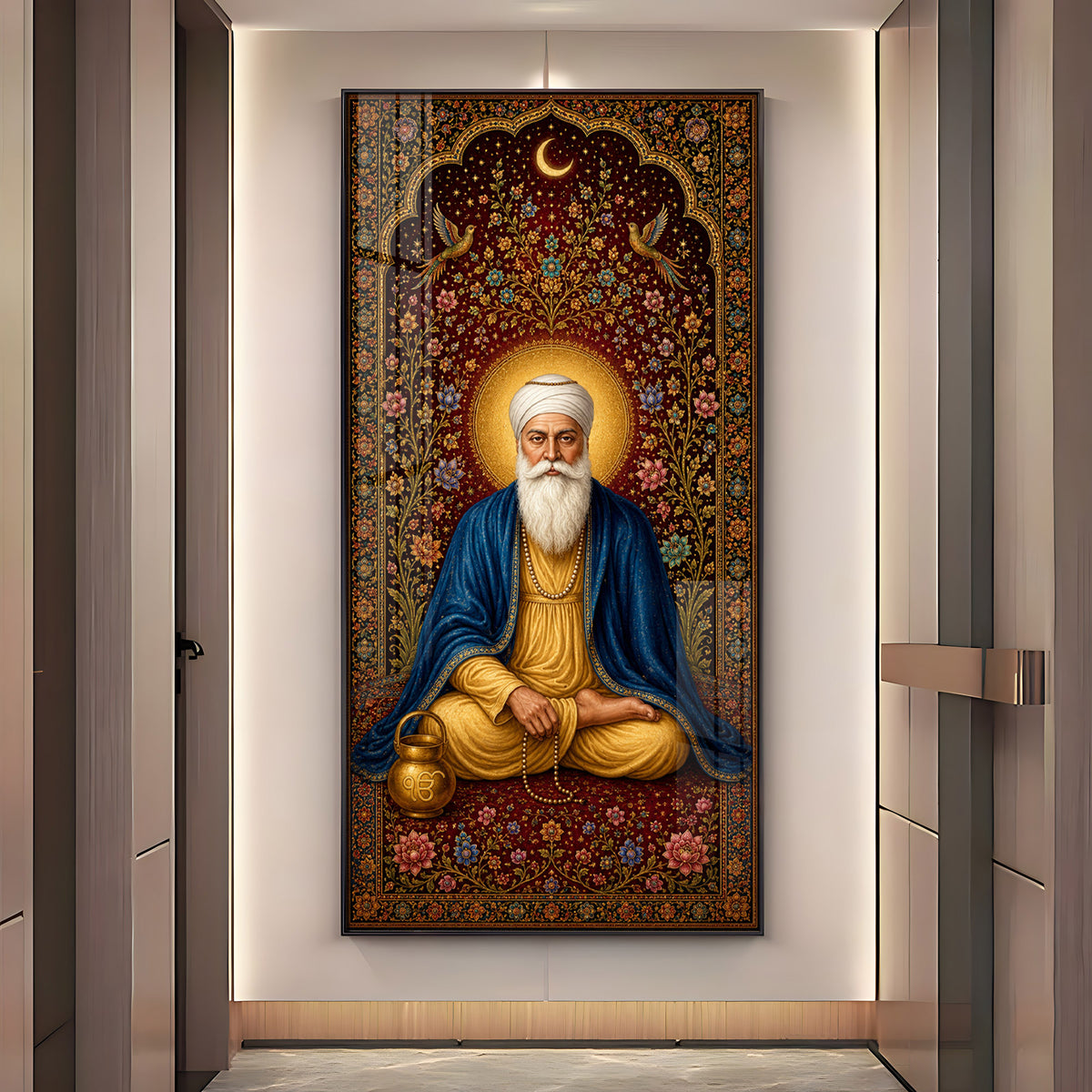 Guru Nanak Dev Ji Seated Meditation Blue Shawl Premium Acrylic Vertical Wall Art