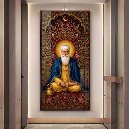 Guru Nanak Dev Ji Seated Meditation Blue Shawl Premium Acrylic Vertical Wall Art
