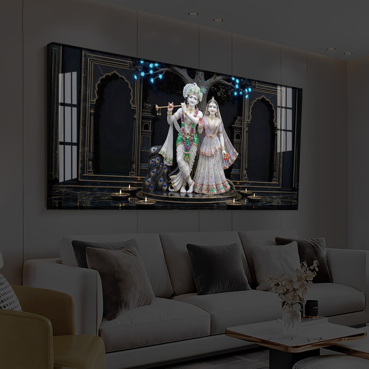 Radha Krishna With Flute Modern Luxury Backlight Horizontal Wall Art