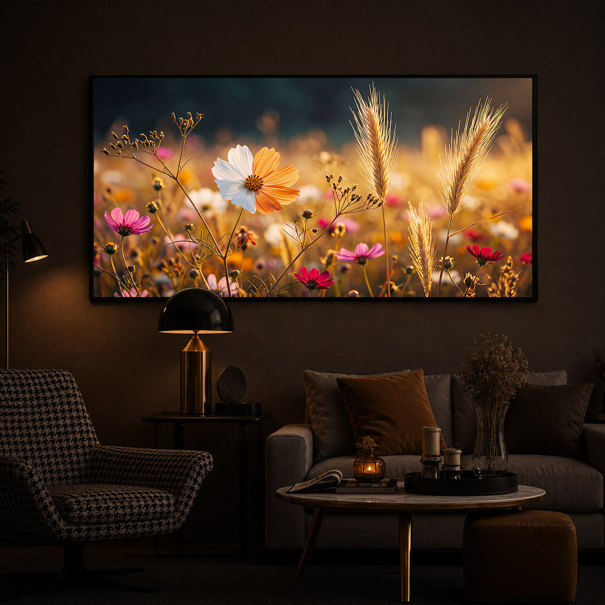 Golden Wildflower Meadow Modern Luxury Backlight Horizontal Wall Art