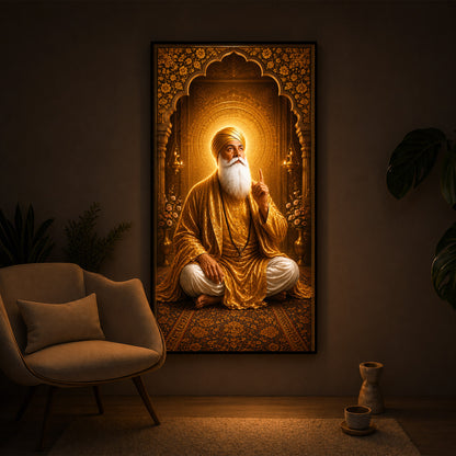 Divine Guru Nanak Dev Ji Golden Attire Modern Luxury Backlight Vertical Wall Art