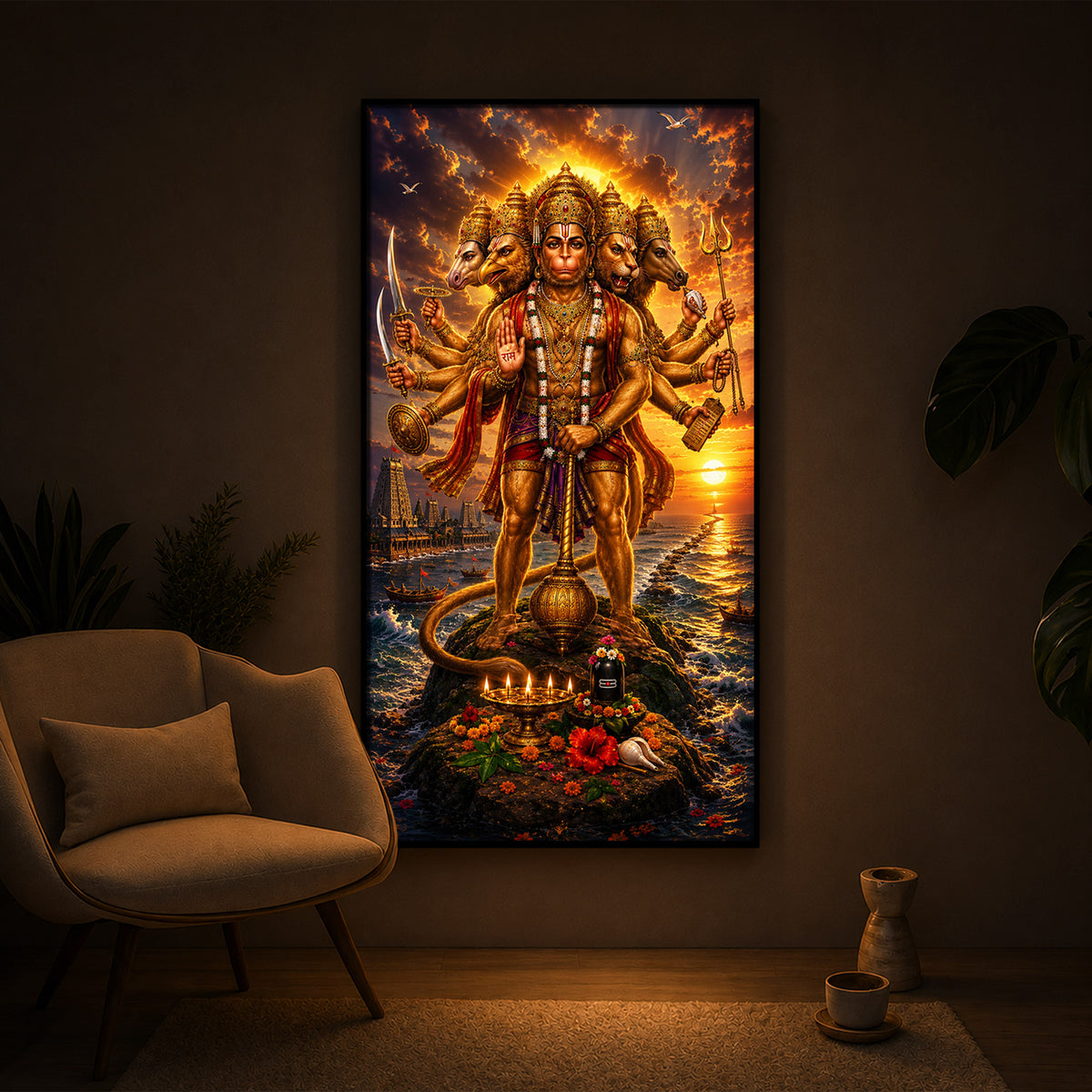 Powerful Panchmukhi Hanuman Ji Modern Luxury Backlight Vertical Wall Art