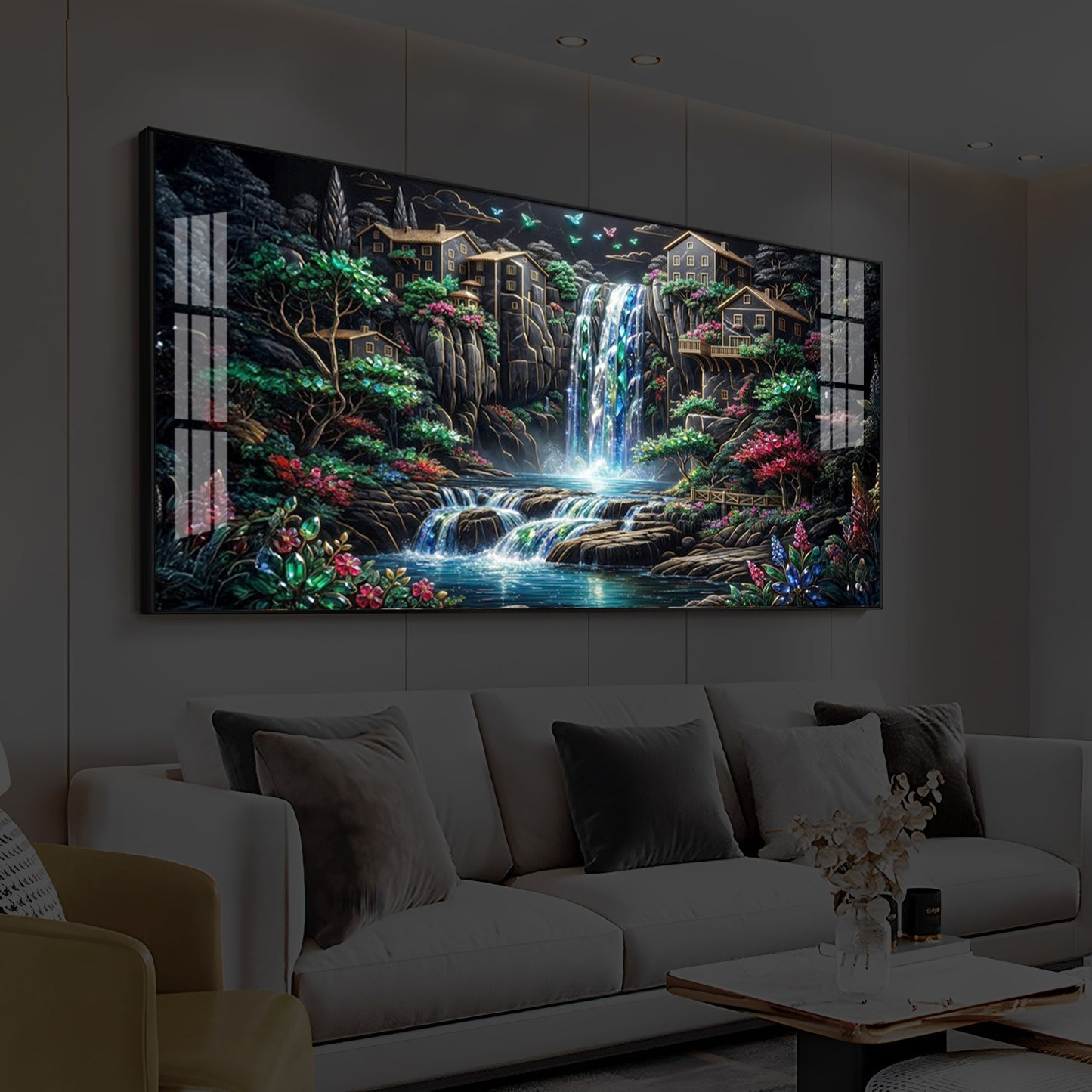 Lush Mountain Waterfall Modern Luxury Backlight Horizontal Wall Art