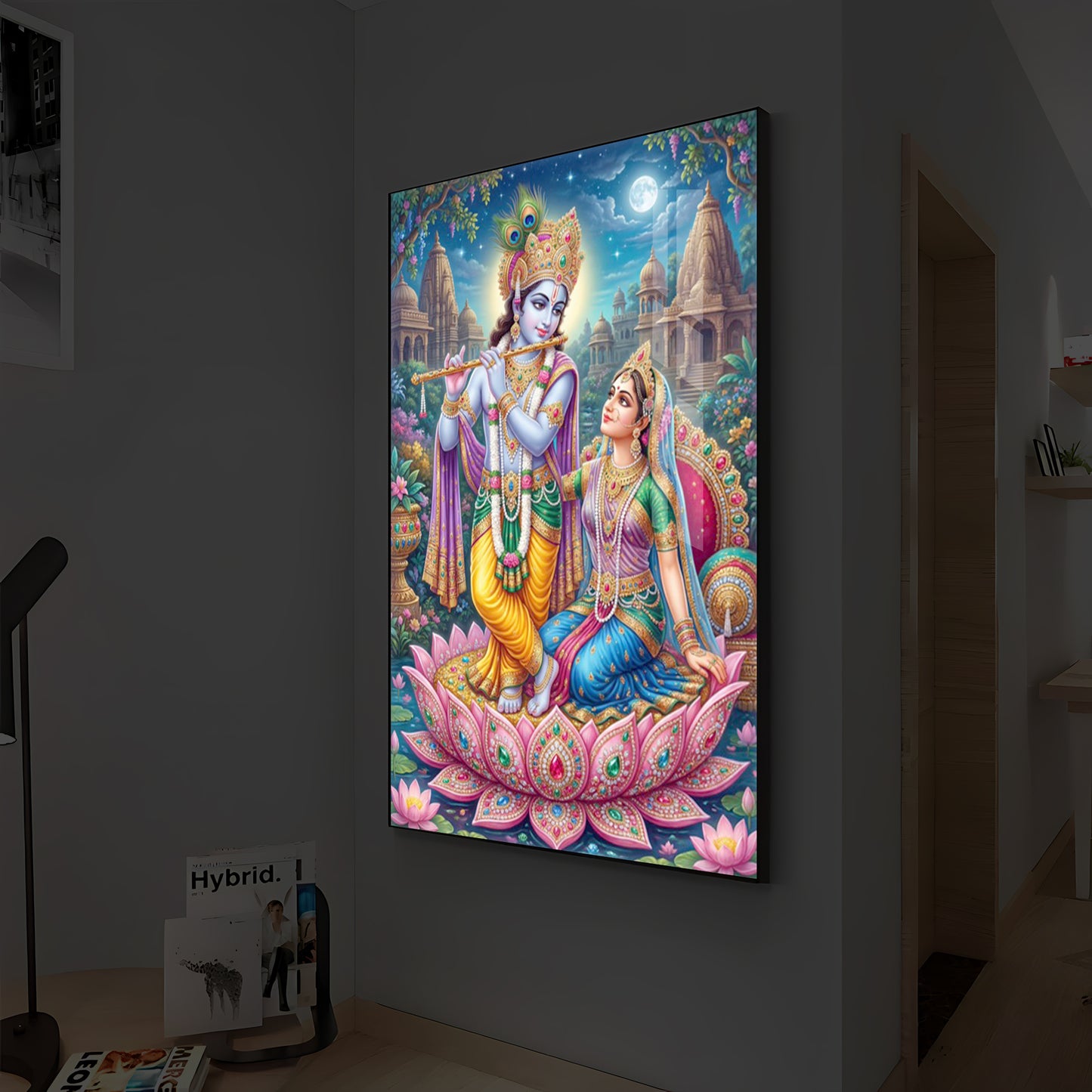 Goddess Radha and God Krishna Modern Luxury Backlight Vertical Wall Art