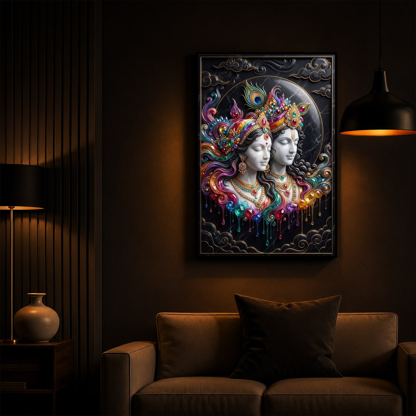 Shri Radha Krishna Modern Luxury Backlight Vertical Wall Art