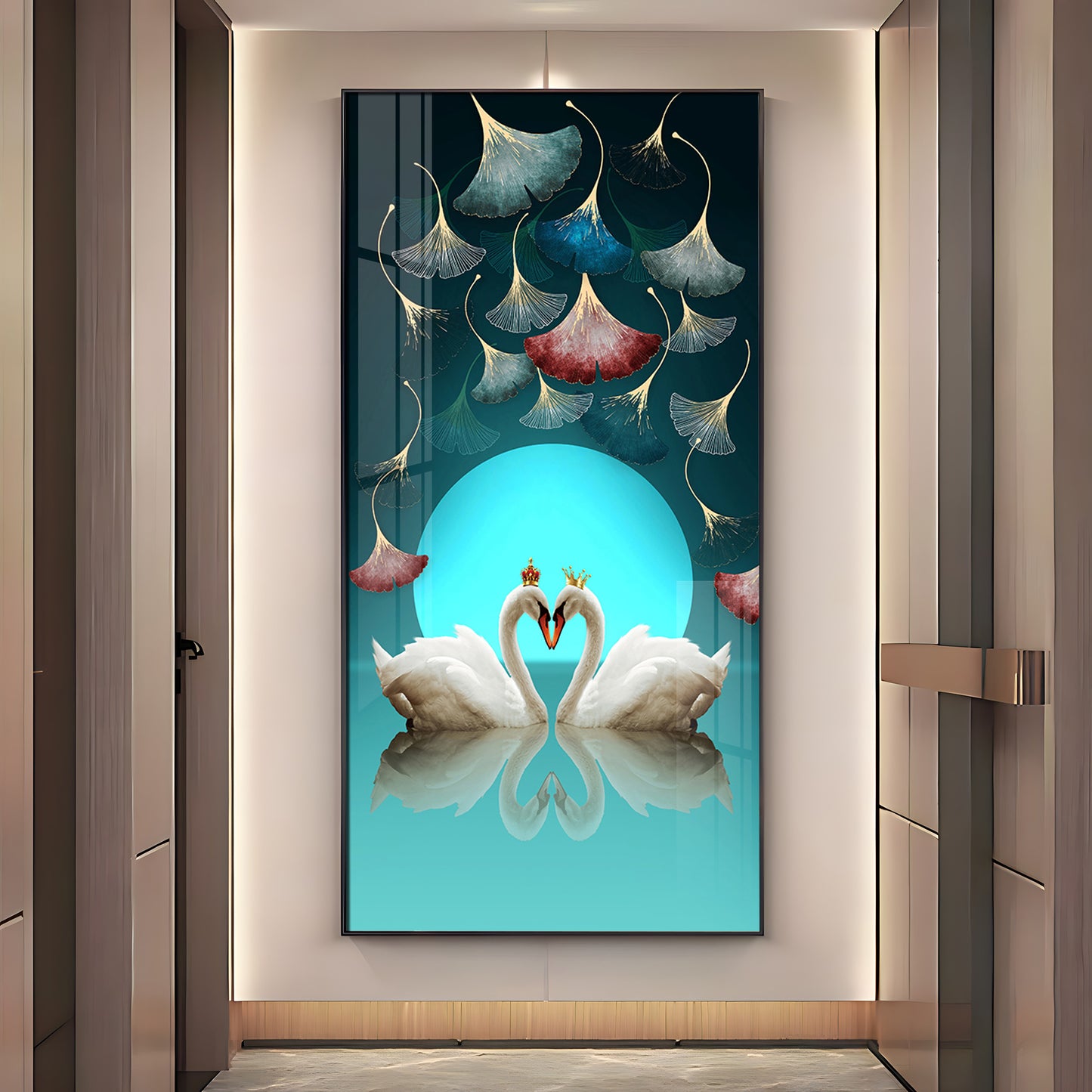 Couple Swan With Ginkgo Leaves Premium Acrylic Vertical Wall Art