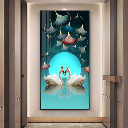Couple Swan With Ginkgo Leaves Premium Acrylic Vertical Wall Art