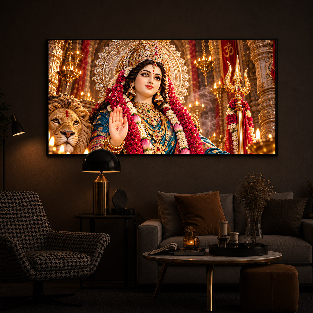 Divine Maa Durga Modern Luxury Backlight Horizontal Wall Art