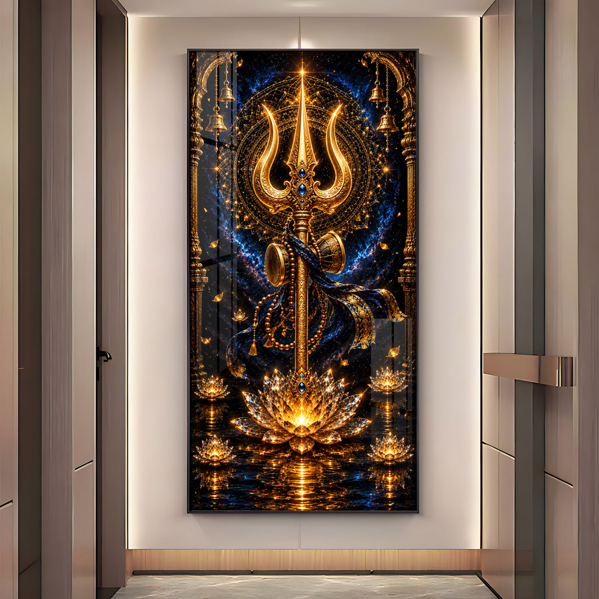 Divine Golden Trishul Premium Acrylic Vertical Wall Art