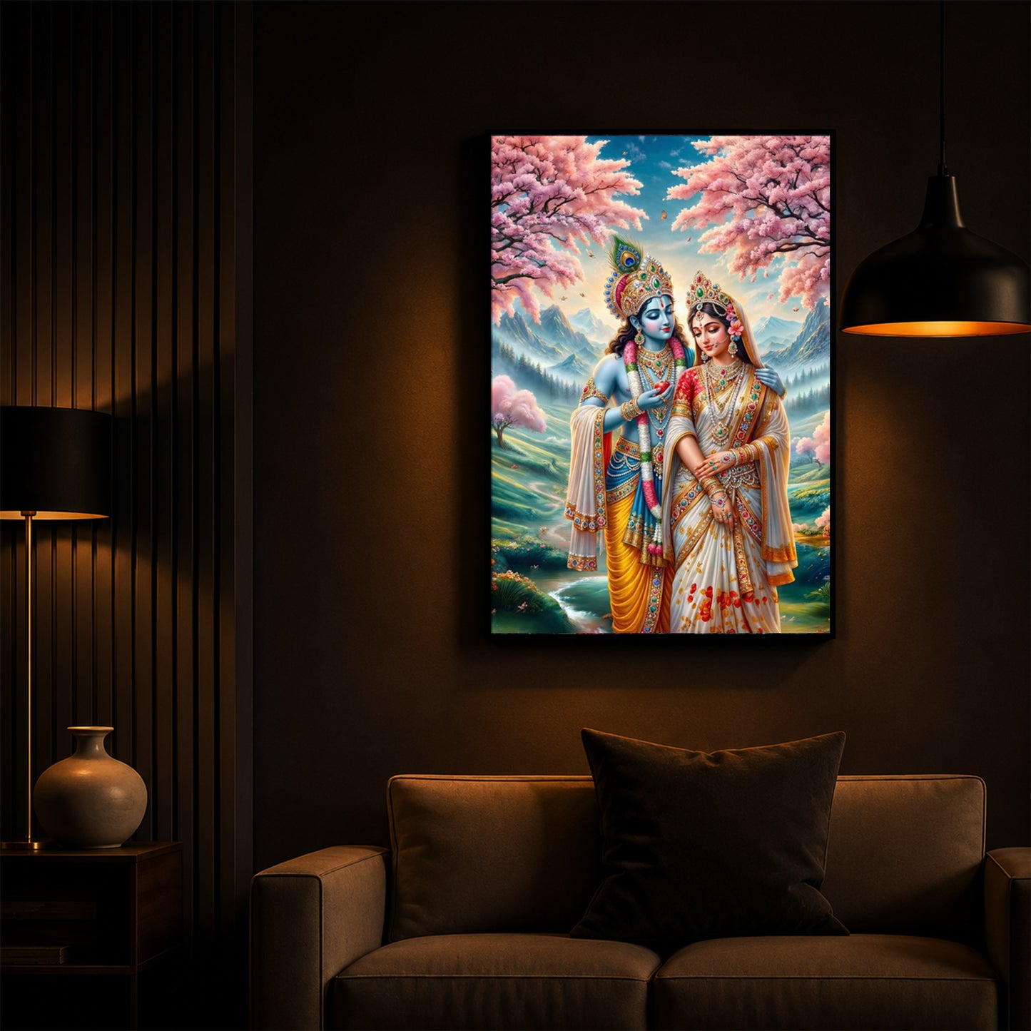 Radha Krishna Standing Together Modern Luxury Backlight Vertical Wall Art