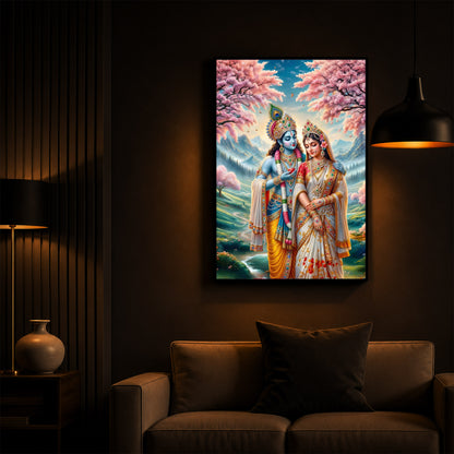 Radha Krishna Standing Together Modern Luxury Backlight Vertical Wall Art