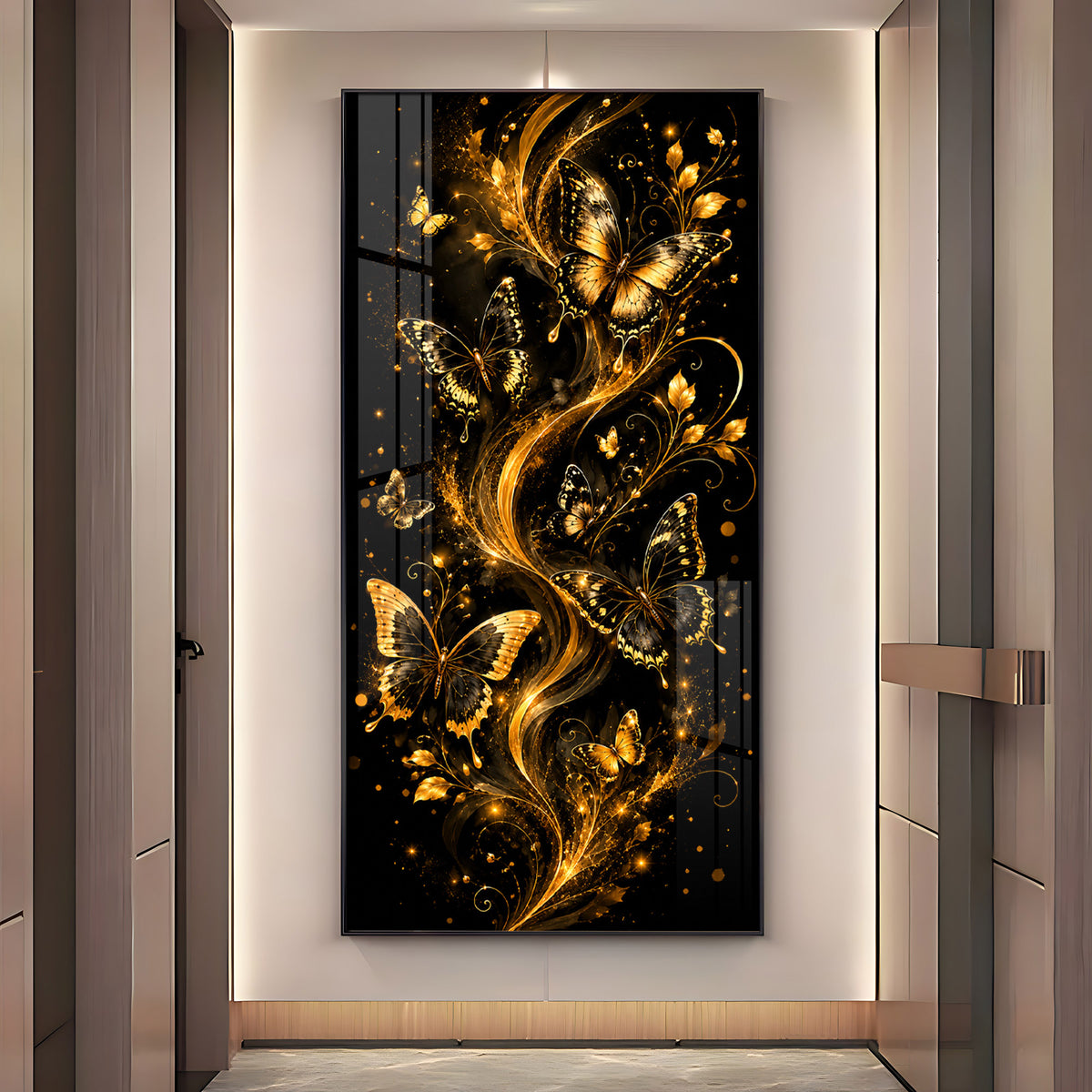 Graceful Golden Butterflies & Floral Swirls Premium Acrylic Vertical Wall Art