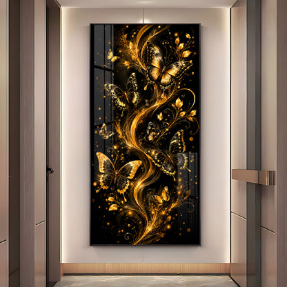Graceful Golden Butterflies & Floral Swirls Premium Acrylic Vertical Wall Art