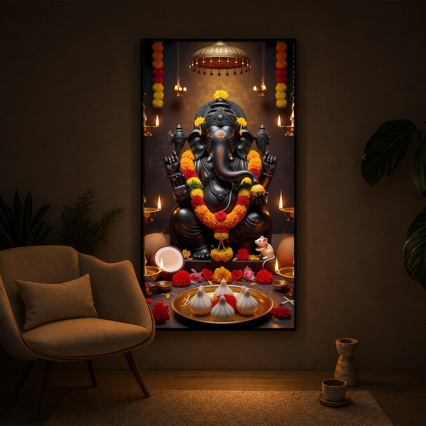 Shri Ganesh Ji Modern Luxury Backlight Vertical Wall Art