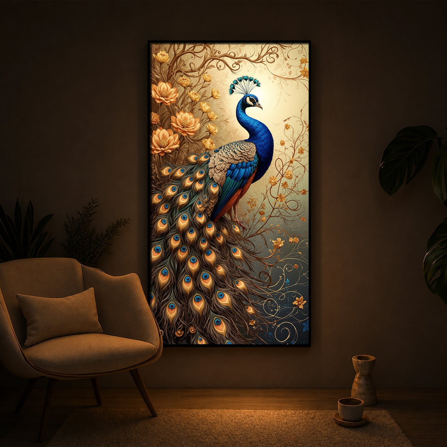 Beautiful Peacock Modern Luxury Backlight Vertical Wall Art