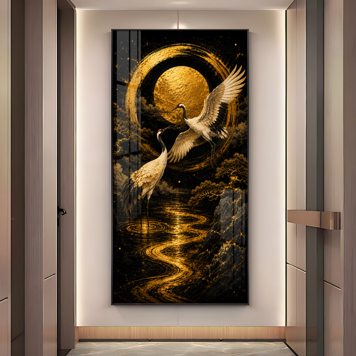 Golden Cranes & Moon Minimalist Zen Premium Acrylic Vertical Wall Art
