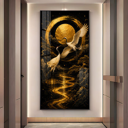 Golden Cranes & Moon Minimalist Zen Premium Acrylic Vertical Wall Art