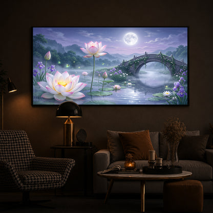 Moonlit Lotus Bridge Modern Luxury Backlight Horizontal Wall Art