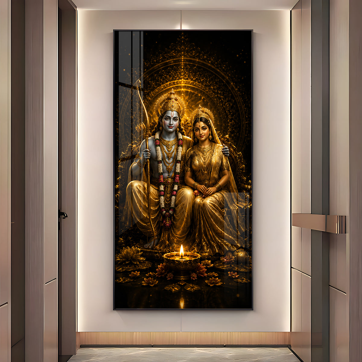 Divine Lord Rama & Sita Golden Premium Acrylic Vertical Wall Art