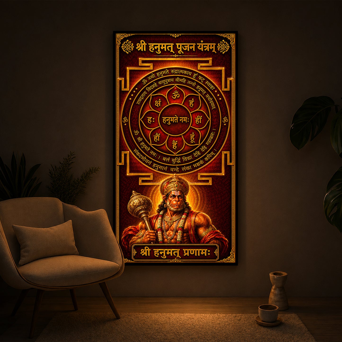 Shri Hanumat Pujan Yantram Modern Luxury Backlight Vertical Wall Art