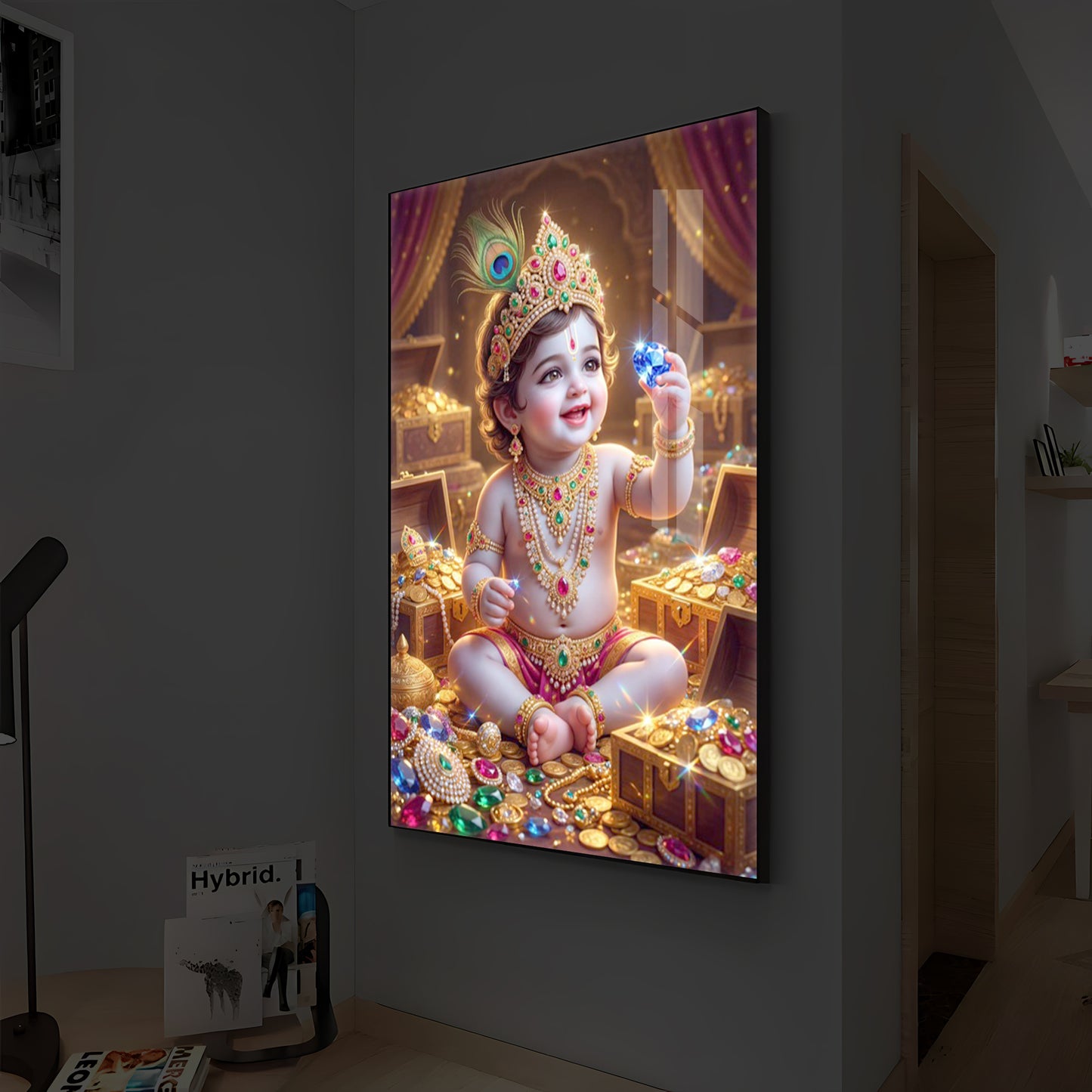 Little Lord Krishna Ji Modern Luxury Backlight Vertical Wall Art