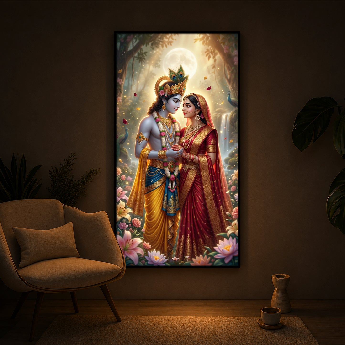 Loving Radha Krishna Ji Modern Luxury Backlight Vertical Wall Art