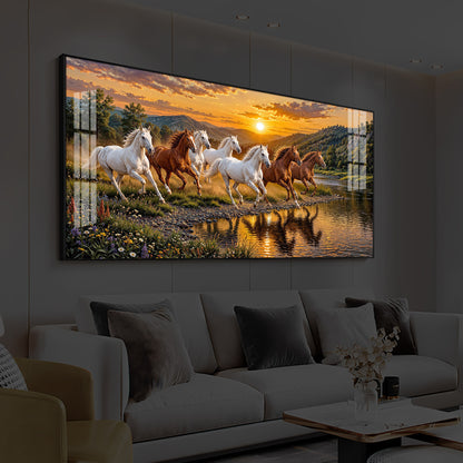 Seven Running Horses With Sunset Splash Modern Luxury Backlight Horizontal Wall Art