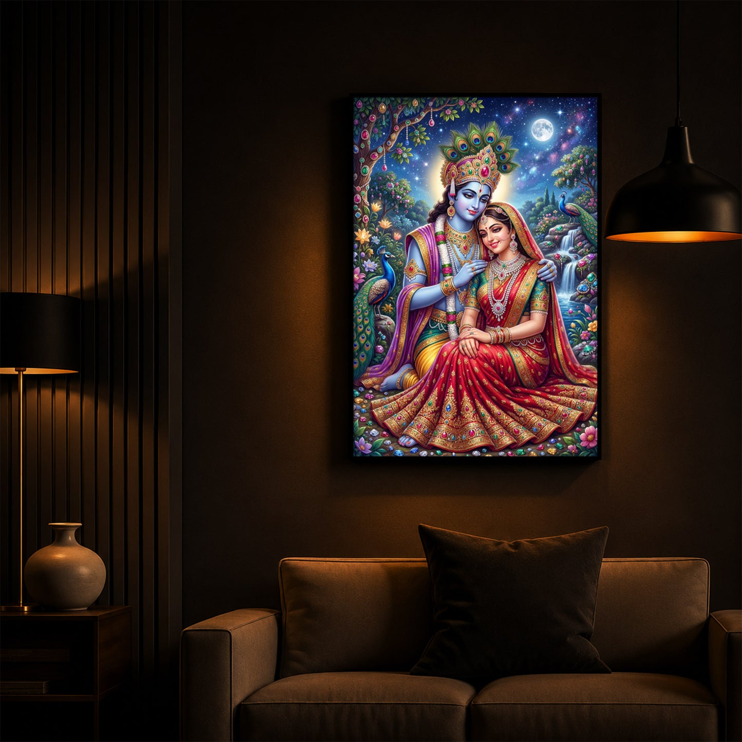 Divine Radha Krishna Serenity Modern Luxury Backlight Vertical Wall Art