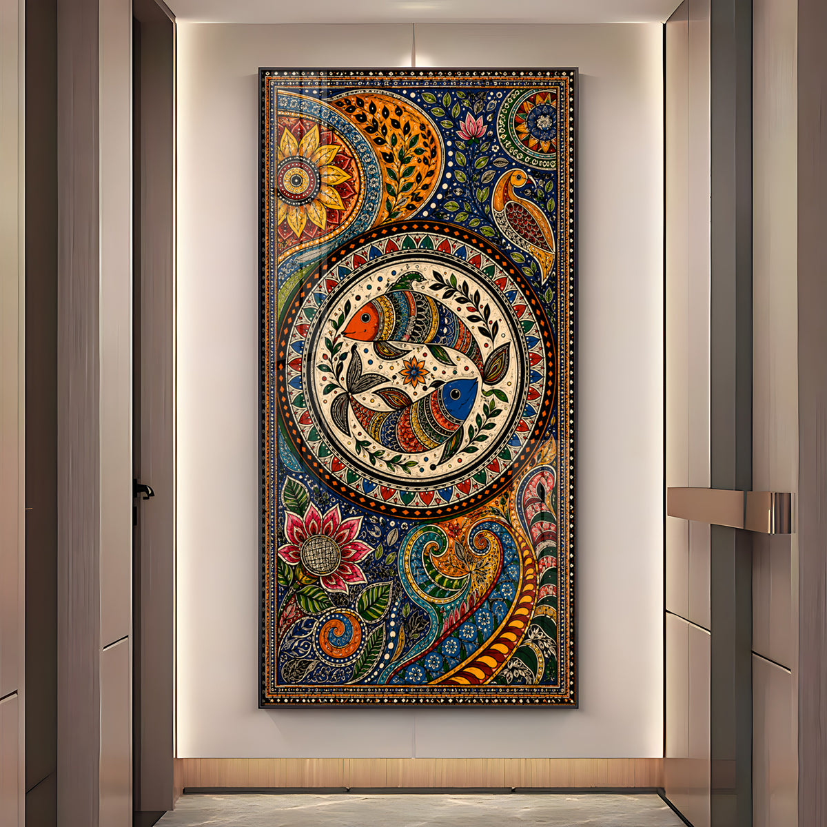 Traditional Folk Art Dual Fish & Floral Mandala Premium Acrylic Vertical Wall Art