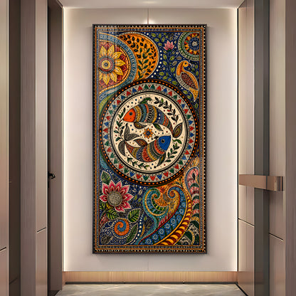 Traditional Folk Art Dual Fish & Floral Mandala Premium Acrylic Vertical Wall Art