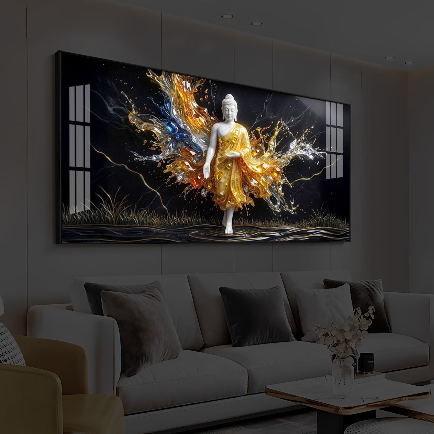 Embedded Buddha Modern Luxury Backlight Horizontal Wall Art