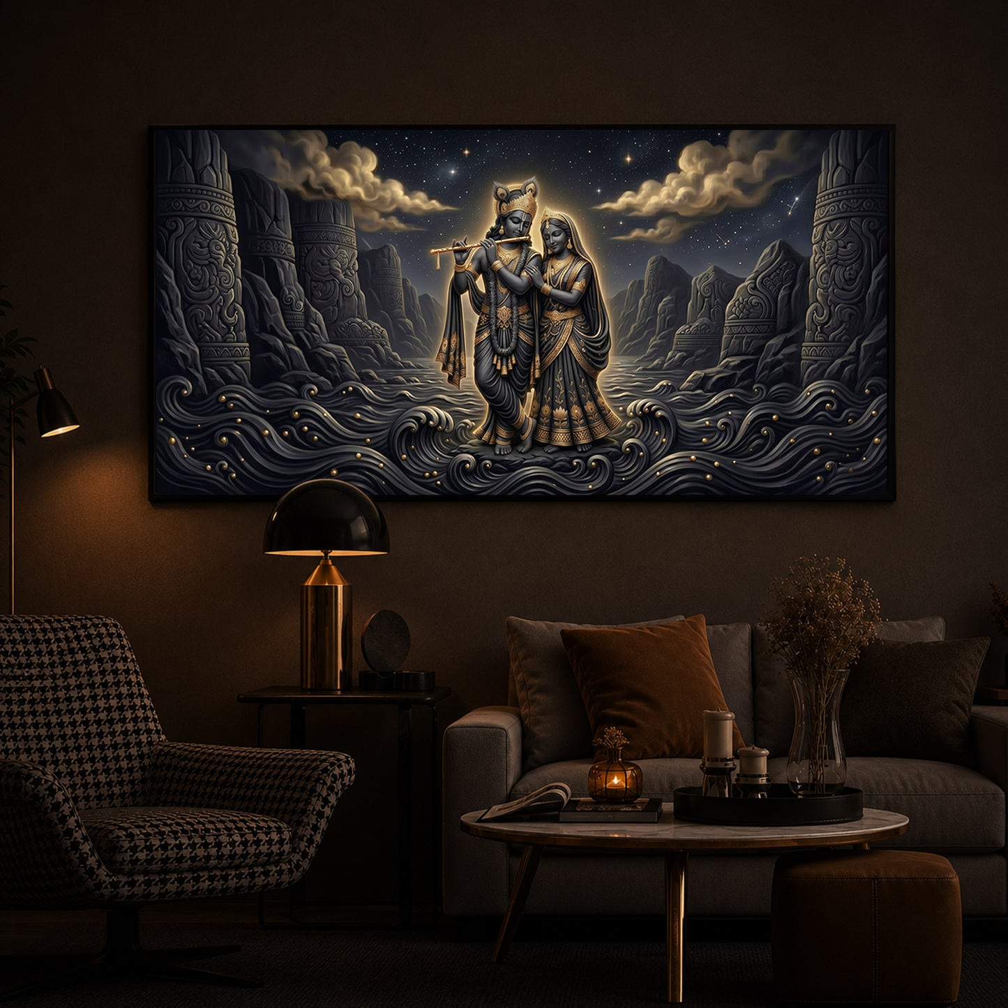 Depiction Of Radha Krishna Modern Luxury Backlight Horizontal Wall Art