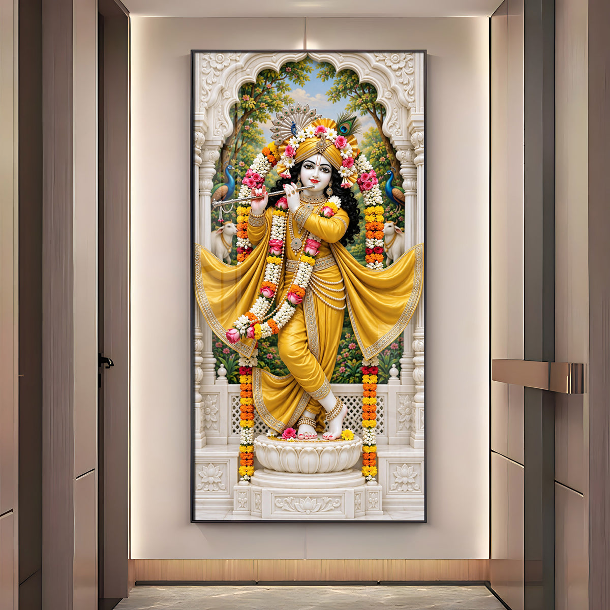 Krishna in Yellow Dress Premium Acrylic Vertical Wall Art