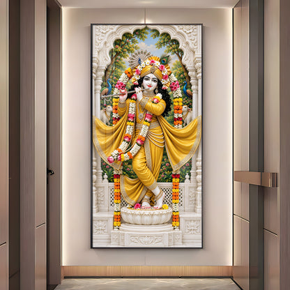 Krishna in Yellow Dress Premium Acrylic Vertical Wall Art