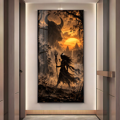 Shiva Walking in Sunset With Nandi Premium Acrylic Vertical Wall Art