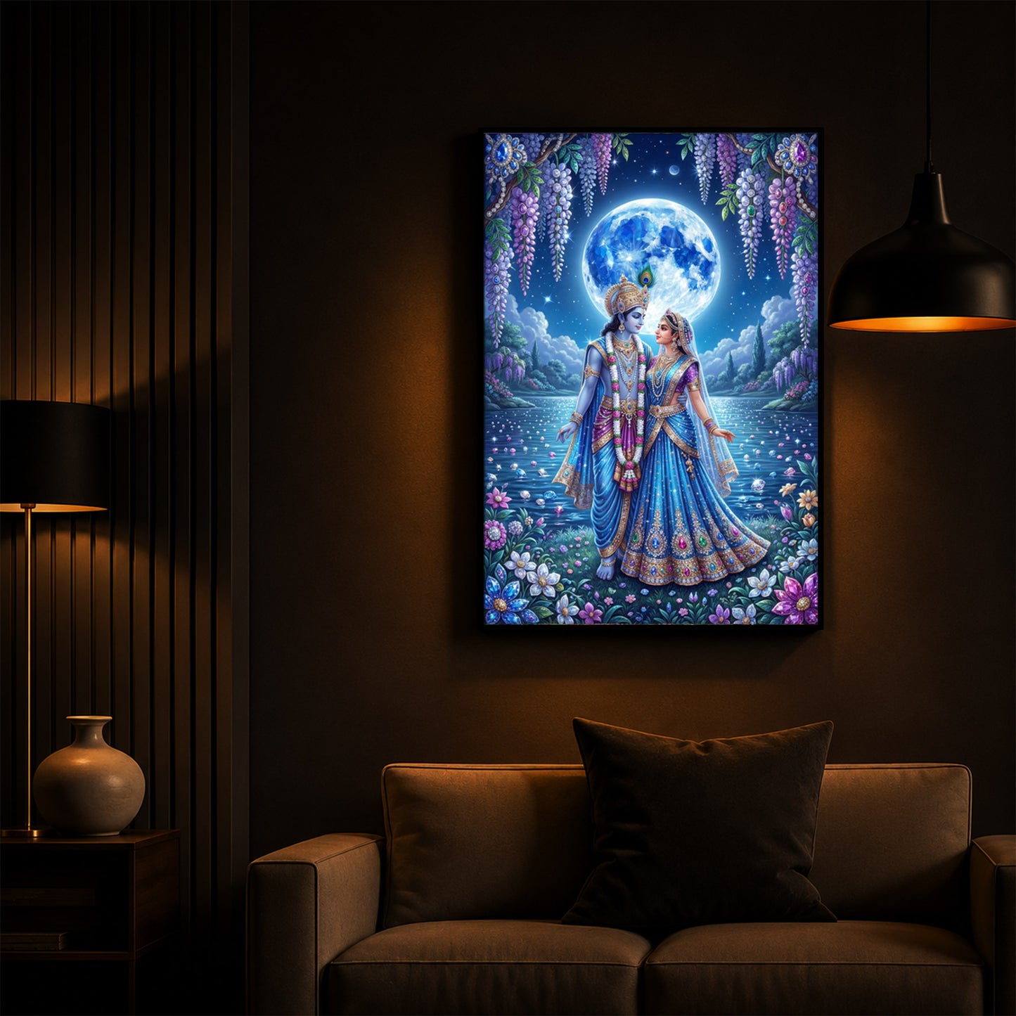 Radha & Krishna Standing Together Modern Luxury Backlight Vertical Wall Art