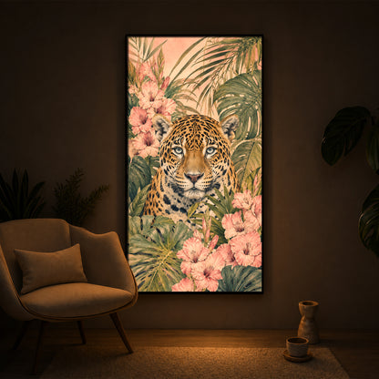 Tropical Jaguar & Flora Modern Luxury Backlight Vertical Wall Art