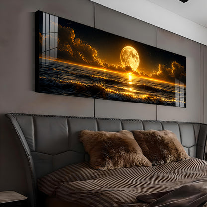Golden Full Moon Ocean Clouds Premium Acrylic Horizontal Wall Art