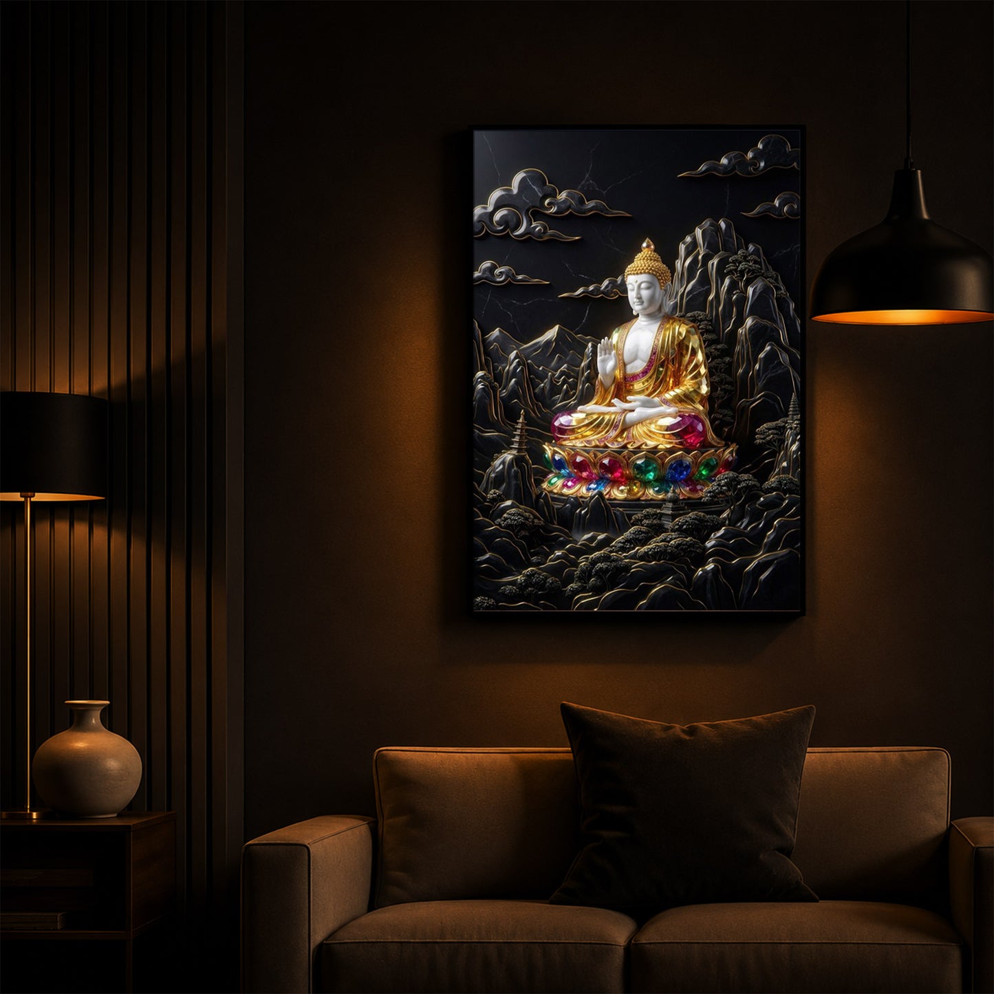 Buddha With Dark Background Modern Luxury Backlight Vertical Wall Art
