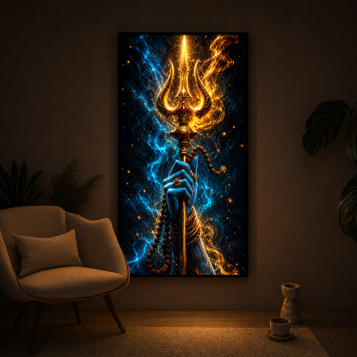 Spiritual Lord Shiva's Trishul Modern Luxury Backlight Vertical Wall Art