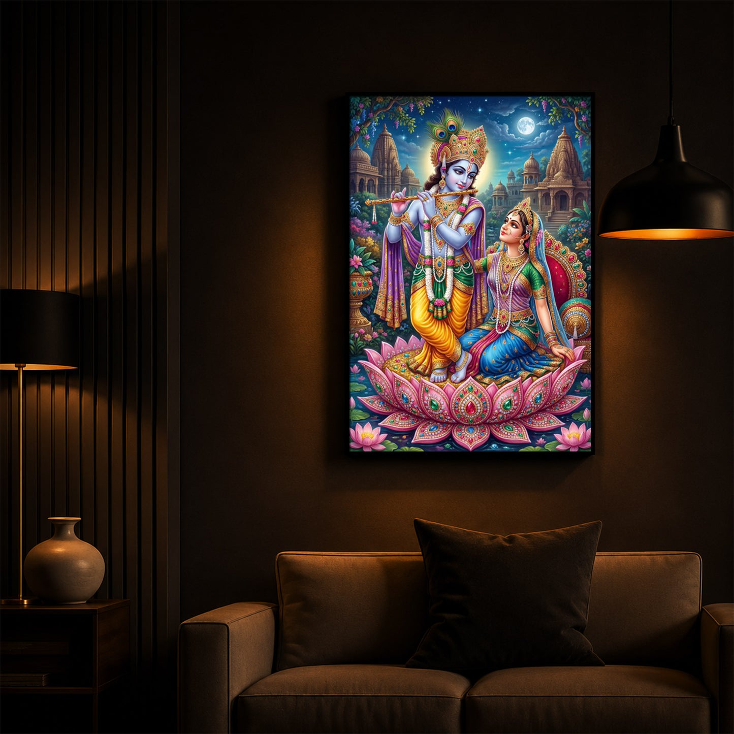 Goddess Radha and God Krishna Modern Luxury Backlight Vertical Wall Art