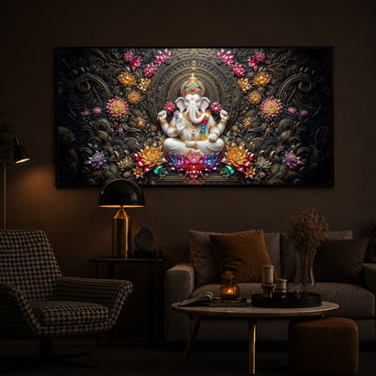 Lord Ganesha Blooming Lotuses Modern Luxury Backlight Horizontal Wall Art