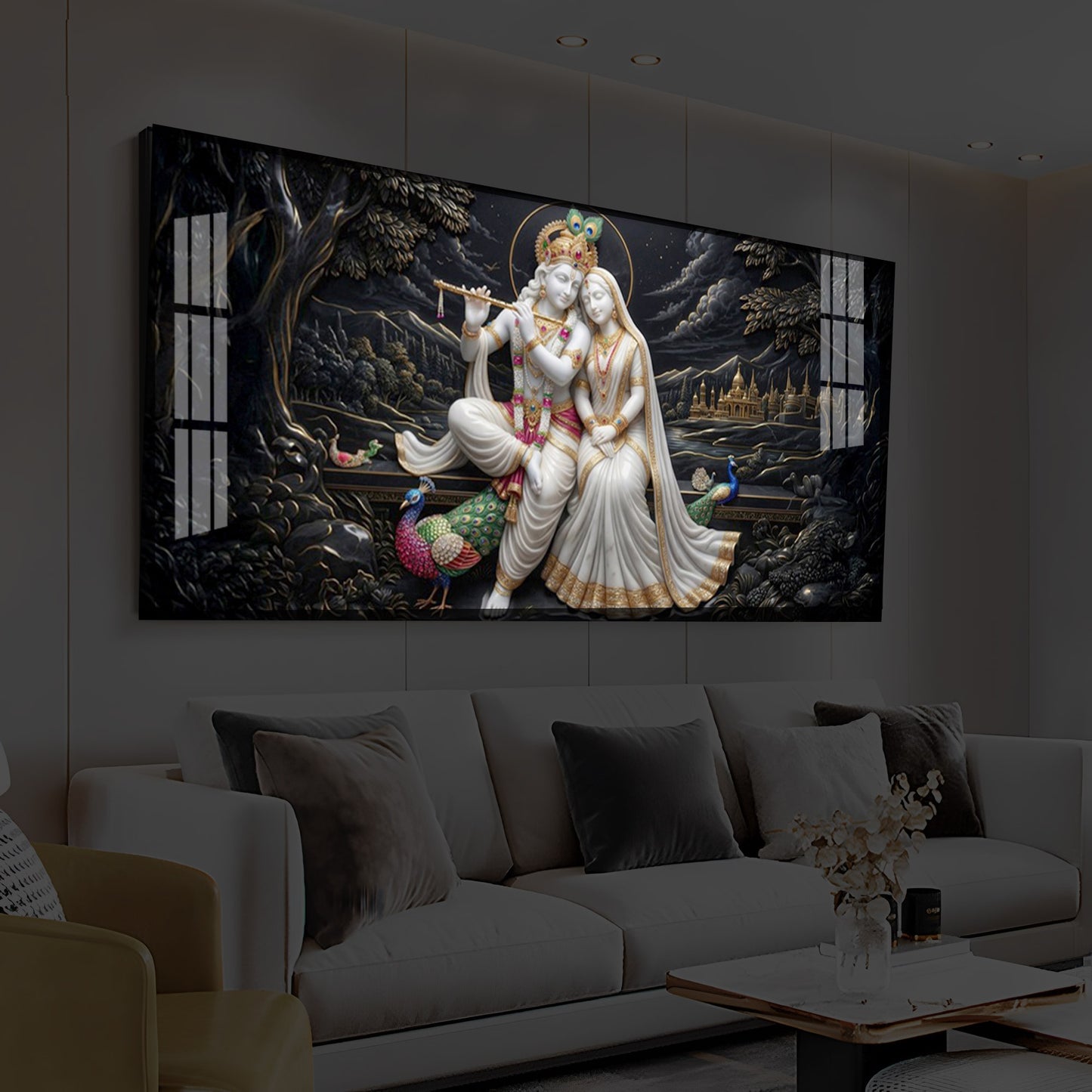 Divine Harmony Radha Krishna Modern Luxury Backlight Horizontal Wall Art