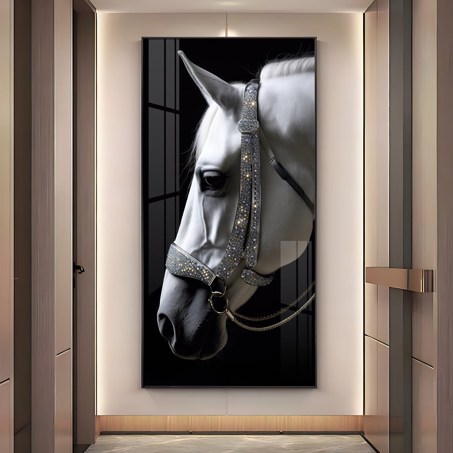 White Horse With Black Background Premium Acrylic Vertical Wall Art